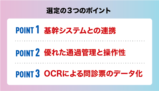選定の3つのポイント POINT1 基幹システムとの連携 POINT2 優れた通過管理と操作性 POINT3 OCRによる問診票のデータ化