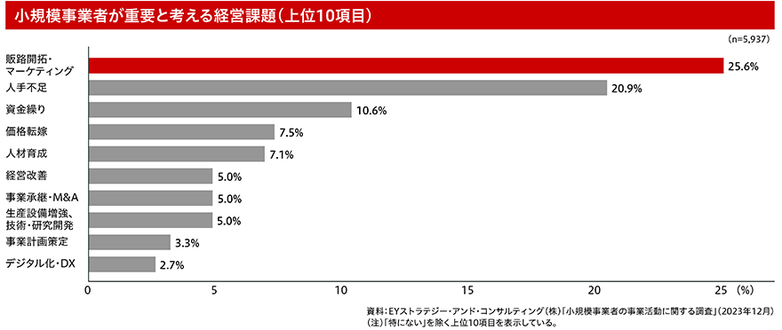 【小規模事業者が重要と考える経営課題（上位10項目）】販路開拓・マーケティング（25.6％）、人手不足（20.9％）、資金繰り（10.6％）、価格転嫁（7.5％）、人材育成（7.1％）、経営改善（5.0％）、事業継承・M＆A（5.0％）、生産設備増強、技術・研究開発（5.0％）、事業計画策定（3.3％）、デジタル化・DX（2.7％） 資料：EYストラテジー・アンド・コンサルティング（株）「小規模事業者の事業活動に関する調査」（2023年12月）（注）「特にない」を除く上位10項目を表示している。