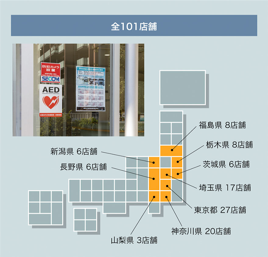 全101店舗：福島県8店舗、茨城県6店舗、栃木県8店舗、埼玉県17店舗、東京都27店舗、神奈川県20店舗、新潟県6店舗、山梨県3店舗、長野県6店舗