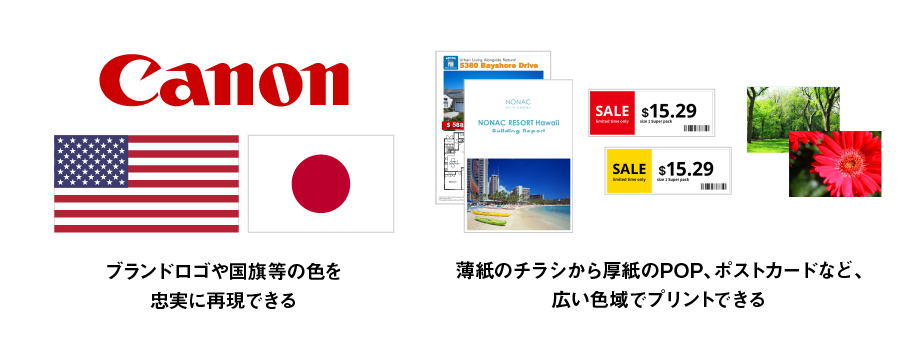 ブランドロゴや国旗等の色を忠実に再現できる。薄紙のチラシから厚紙のPOP、ポストカードなど、広い色域でプリントできる。