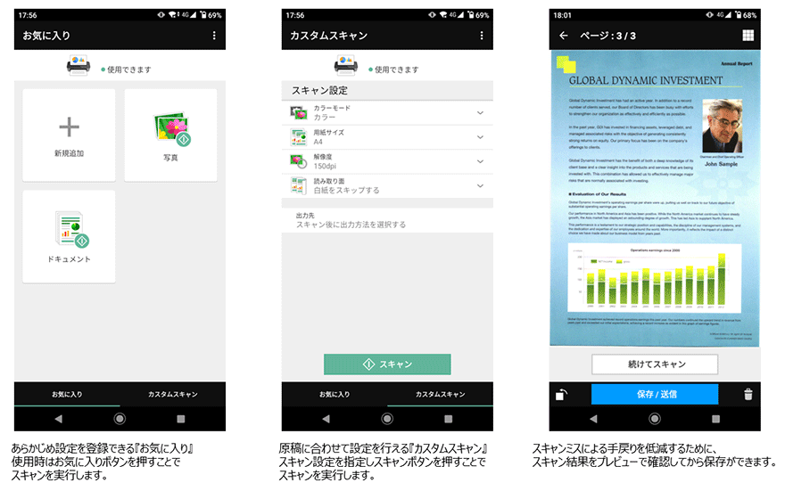 あらかじめ設定を登録できる『お気に入り』使用時はお気に入りボタンを押すことでスキャンを実行します。 原稿に合わせて設定を行える『カスタムスキャン』スキャン設定を指定しスキャンボタンを押すことでスキャンを実行します。 スキャンミスによる手戻りを低減するために、スキャン結果をプレビューで確認してから保存ができます。