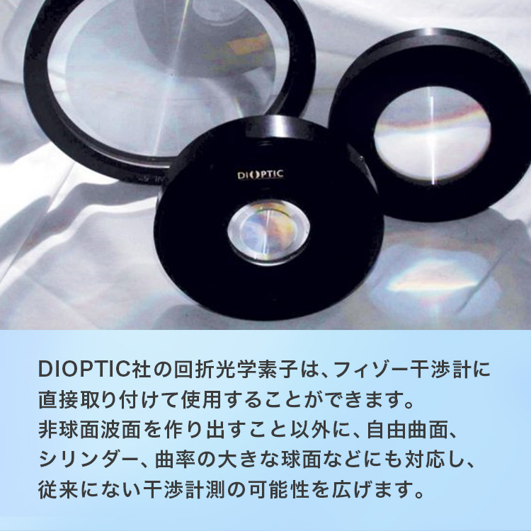 DIOPTIC社の回折光学素子は、フィゾー干渉計に直接取り付けて使用することができます。非球面波面を作り出すこと以外に、自由曲面、シリンダー、曲率の大きな球面などにも対応し、従来にない干渉計測の可能性を広げます。