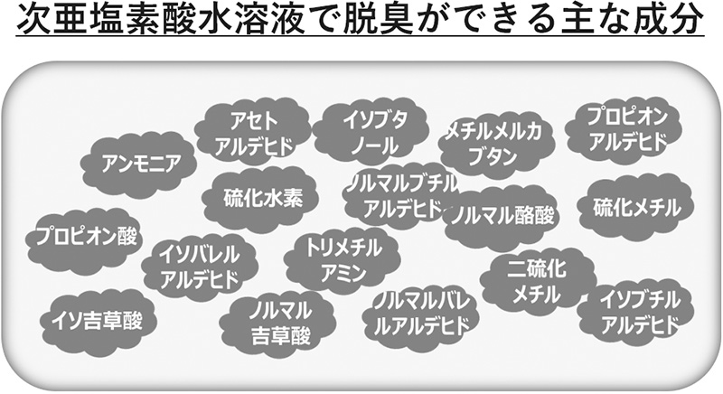 図：次亜塩素酸水溶液で脱臭ができる主な成分