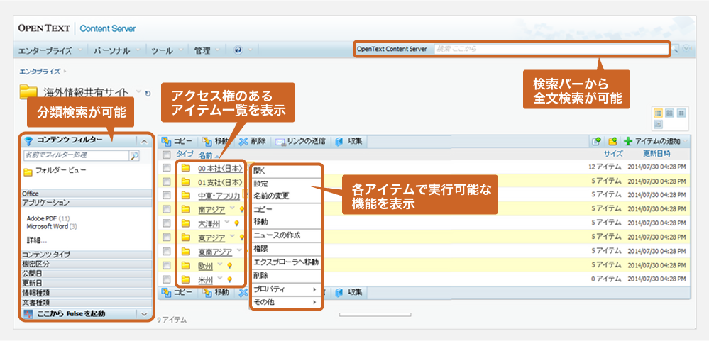 情報は分類検索が可能、アクセス権のあるアイテム一覧を表示、検索バーから全文検索が可能、各アイテムで実行可能な機能を表示します。