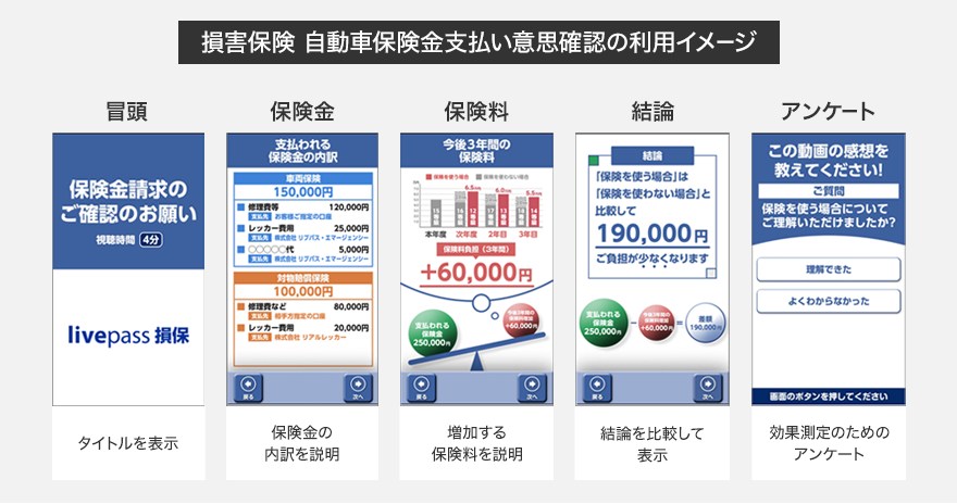 損害保険 自動車保険金支払い意思確認の利用イメージ 冒頭：タイトルを表示 保険金：保険金の内訳を説明 保険料：増加する保険料を説明 結論：結論を比較して表示 アンケート：効果測定のためのアンケート