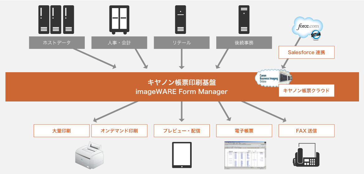 ホストデータや人事・会計、リテール、後続事務などの情報をキヤノン帳票印刷基盤（imageWARE Form Manager）に集約し、force.com（Salesforce）の連携でキヤノン帳票クラウドにデータをまとめ、大量印刷やオンデマンド印刷、プレビュー・配信、電子帳票、FAX送信などで出力が可能です。