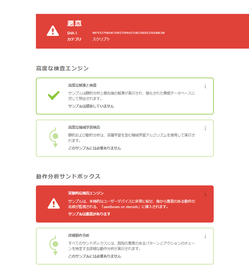 サンプルの解析結果はセキュリティ管理ツール「ESET PROTECT on-prem／ESET PROTECT」上から閲覧可能。悪質かどうかの判断や、サンドボックスシミュレーションで観察された挙動などを把握できます。