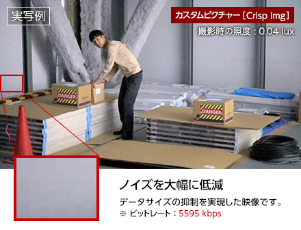 実写例 カスタムピクチャー［Crisp Img］ 撮影時の照度：0.04lux 【ノイズを大幅に低減】データサイズの抑制を実現した映像です。ビットレート：5595kbps