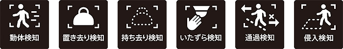 動体検知／置き去り検知／持ち去り検知／いたずら検知／通過検知／侵入検知