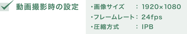 動画撮影時の設定 ・画像サイズ:1920×1080 ・フレームレート:24fps ・圧縮方式:IPB