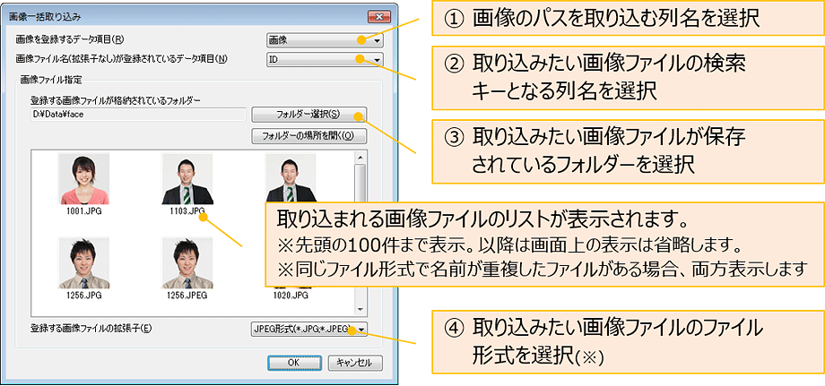 （1）画像のパスを取り込む列名を選択（2）取り込みたい画像ファイルの検索キーとなる列名を選択（3）取り込みたい画像ファイルが保存されているフォルダーを選択 取り込まれる画像ファイルのリストが表示されます。※先頭の100件まで表示。以降は画面上の表示は省略します。※同じファイル形式で名前が重複したファイルがある場合、両方表示します（4）取り込みたい画像ファイルのファイル形式を選択（※）