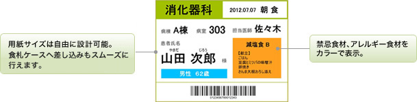 用紙サイズは自由に設計可能。食札ケースへ差し込みもスムーズに行えます。禁忌食材、アレルギー食材をカラーで表示。