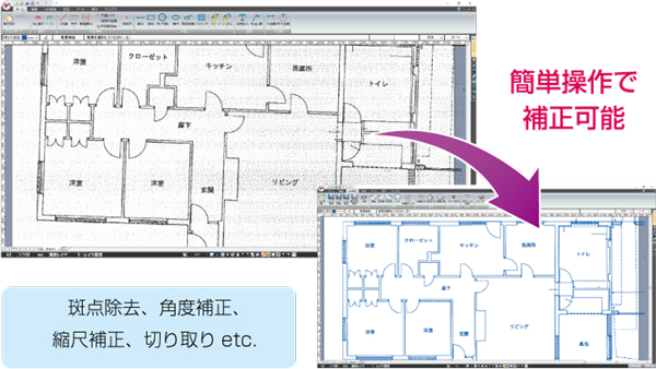 簡単操作で補正可能 斑点除去、角度補正、縮尺補正、切り取りetc.