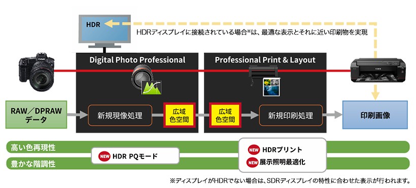 RAW／DPDRAWデータ→Digital Photo Professinal（新規現像処理→広域色空間）：高い色再現性／豊かな階調性、NEW HDR PQモード→Professional Print&Layout（広域色空間→新規印刷処理）→印刷画像←HDRディスプレイに接続されている場合※は、最適な表示とそれに近い印刷物を実現→HDR 高い色再現性／豊かな階調性：NEW HDR PQモード／NEW HDRプリント／NEW 展示照明最適化 ※ディスプレイがHDRでない場合は、SDRディスプレイの特性に合わせた表示が行われます。
