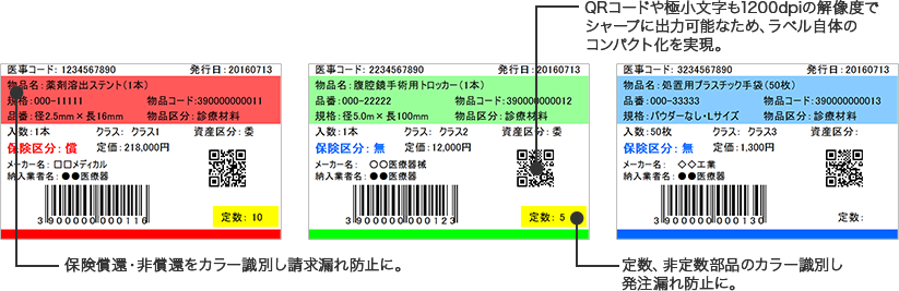 保険償還・非償還をカラー識別し請求漏れ防止に。 QRコードや極小文字も1200dpiの解像度でシャープに出力可能なため、ラベル自体のコンパクト化を実現。 定数、非定数部品のカラー識別し発注漏れ防止に。