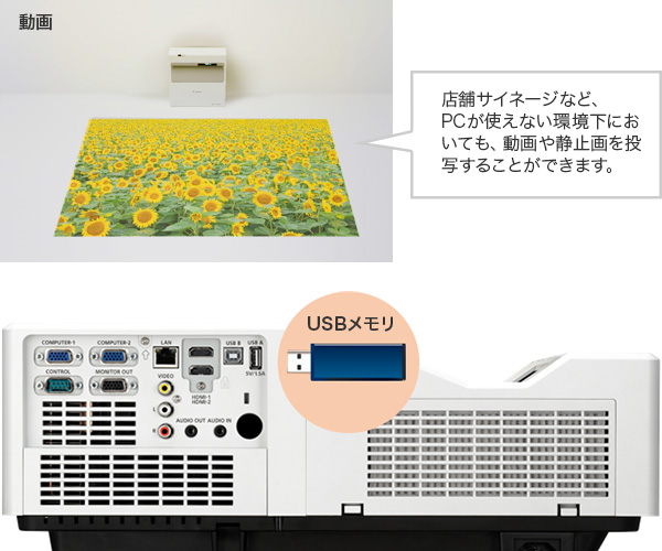 プロジェクターにUSBメモリを差し込むと、店舗サイネージなど、PCが使えない環境下においても、動画や静止画を投写することができます。