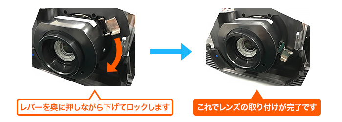レバーを奥に押しながら下げてロックします これでレンズの取り付けが完了です