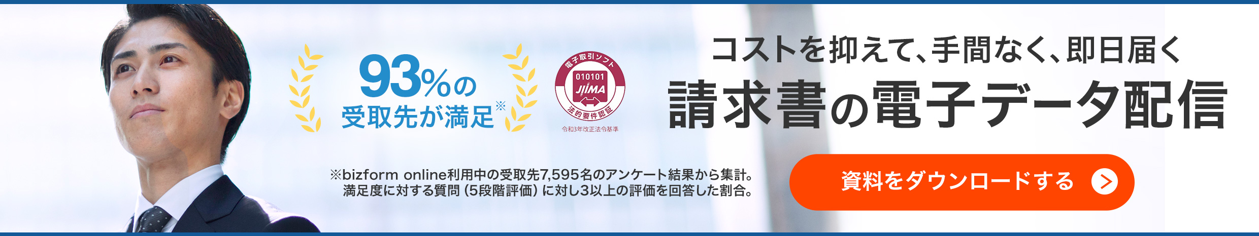 93％の受け取り先が満足（bizform online利用中の受取先7,595名のアンケート結果から集計。満足度に対する質問（5段階評価）に対し3以上の評価を回答した割合。）コストを抑えて、手間なく、即日届く請求書の電子データ配信 資料をダウンロードする。