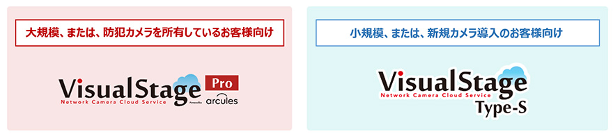 大規模、または、防犯カメラを所有しているお客様向け Network Camera Cloud Service VisualStage Pro arcules／小規模、または、新規カメラ導入のお客様向け  Network Camera Cloud Service VisualStage Type-s